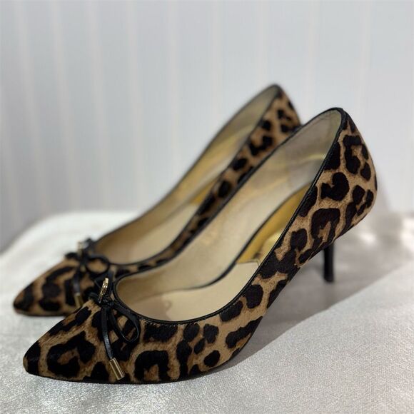 Michael Kors Leopard Haircalf Bow Pumps 7M Pointed Toe Kitten Heels Mobwife - Picture 1 of 9